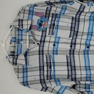 DISNEY Lilo & Stitch blue Plaid Flannel button down Grapic Shirt oversized M